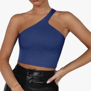 REORIA Women's M Blue One Shoulder Double Lined Seamless/Backless/Sleeveless Top
